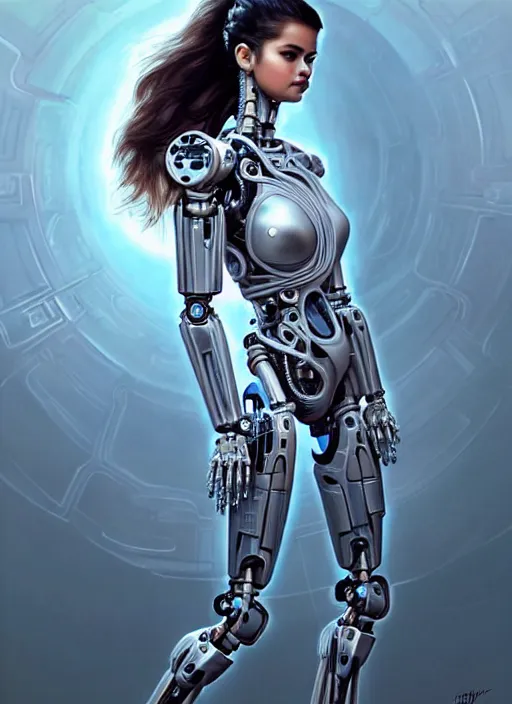 Image similar to portrait of a beautiful female robot from the future wearing biomechanical armor, selena gomez, carrying a rifle, intricate, elegant, glowing lights in armor, highly detailed, digital painting, artstation, glamor pose, concept art, smooth, sharp focus, illustration, epic angle, art by artgerm and greg rutkowski, artey freytag, alvin schwartz