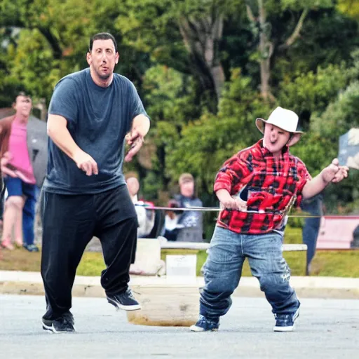 Prompt: adam sandler and jonah hill jousting