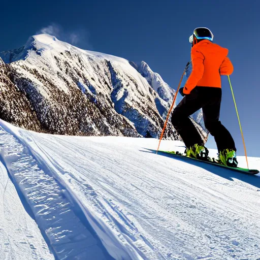 Prompt: skier in orange snow pants and black jacket skiing down a steep mountain face, far away view, photo realistic