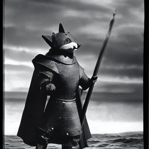 Image similar to anthropomorphic fox who is a medieval knight standing steadfast towards a stormy ocean, 1930s film still