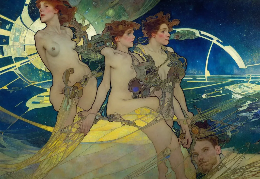 Image similar to spaceship war in the ocean planet, solarpunk style,, by egon shiele and alphonse mucha, with influence of jeremy mann, peter lindbergh, dave mckean, maurice sapiro, and frank moth, soft lightning, highly detailed, 8 k