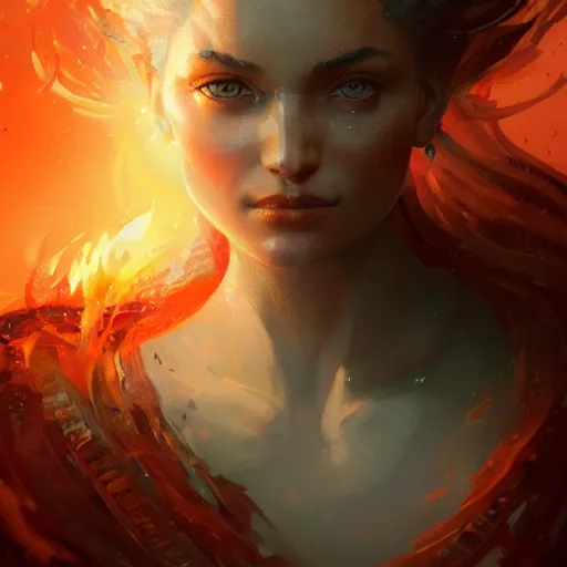 Image similar to a beautiful portrait of a flame goddess by by Greg Rutkowski and Raymond Swanland, Trending on Artstation, Flaming Background, ultra realistic digital art