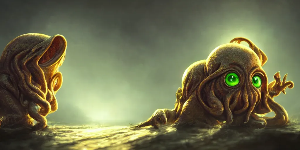 Image similar to cute happy baby cthulhu, golden hour, fantasy, sharp focus, digital art, hyper realistic, 4 k, unreal engine, highly detailed, hd, dramatic lighting by brom, trending on artstation, new cats movie