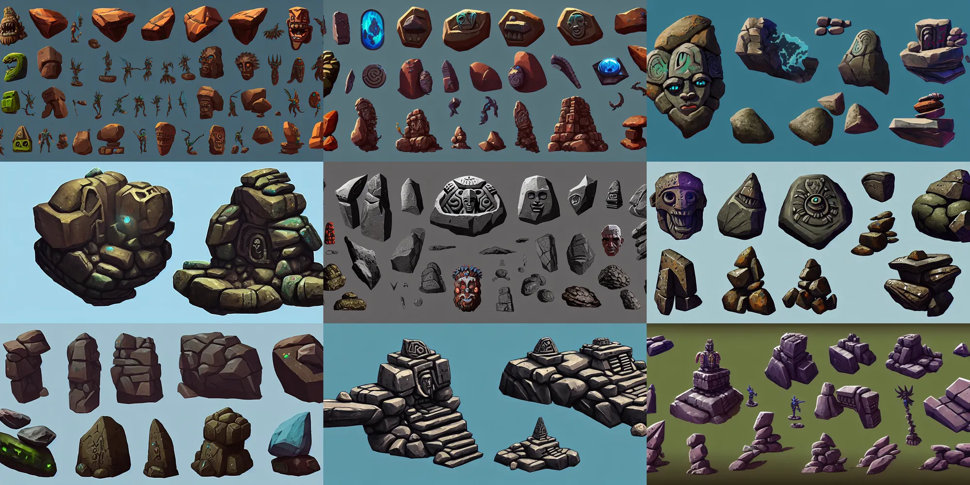 Prompt: game asset of stones rock ancient monolith, aztec alien carving props, in gouache detailed paintings, props, stylized, 2 d sprites asset sheet, kitbash, arcane, prop rocks, overwatch, many color scheme, 8 k, close up