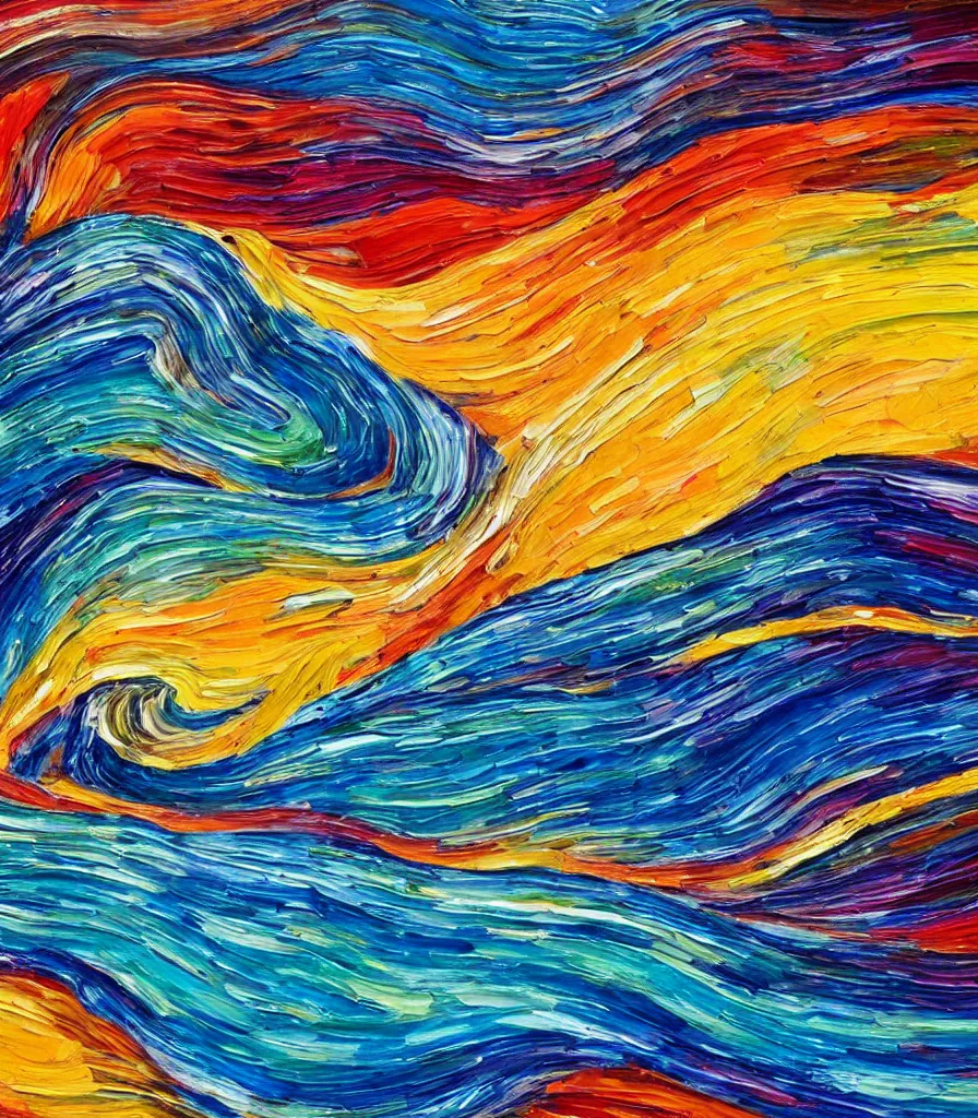 Prompt: an impasto oil painting of a barreling wave, traidic color scheme, high detail, breathtaking wave, modern art, abstract art, energetic colors