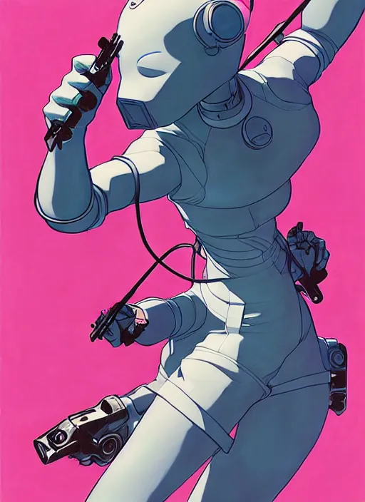 Image similar to Artwork by James Jean and Phil noto; a fierce young Japanese lady fighting a gigantic pink robot. art work by Phil noto and James Jean