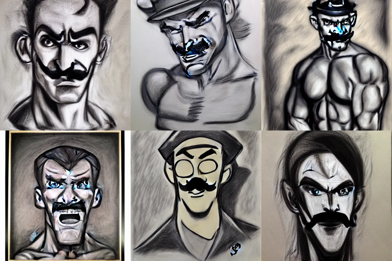 Prompt: Gigachad Joestar Waluigi by Tom of Finland, charcoal on wood