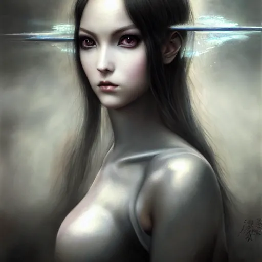 Prompt: By Tom Bagshaw, ultra realist soft painting of an attractive slim curvy cyberpunk anime female fully body armored, with thin lustrous long hair floating, photorealistic eyes render, looking at camera, curiosities carnival, symmetry accurate features, very intricate details, focus, dark fantasy background black and white