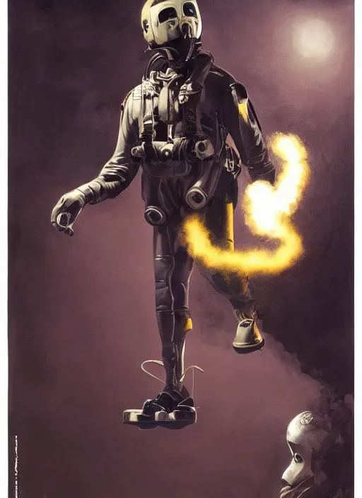 Image similar to flying human smiling in suit with conic helmet and jetpacks attached to arms and legs, against dark background, fluid, smooth, organic, crazy, high contrast, sharpness, dramatic, by greg rutkowski and siudmak and richard corben and moebius