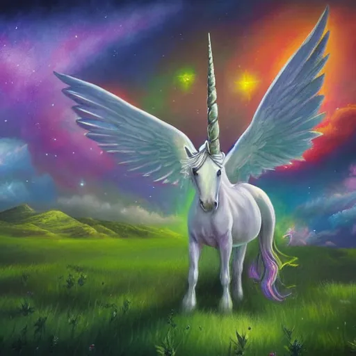 Image similar to an unicorn with wings eating in a field of marijuana, a nebula is in the sky, oil painting, fantasy art, concept art, highly detailed, photorealistic, high quality, 8 k, masterpiece