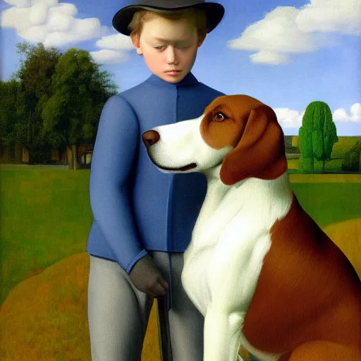 Prompt: a boy and his dog by Raphael, Hopper, and Rene Magritte. detailed, romantic, enchanting, trending on artstation.