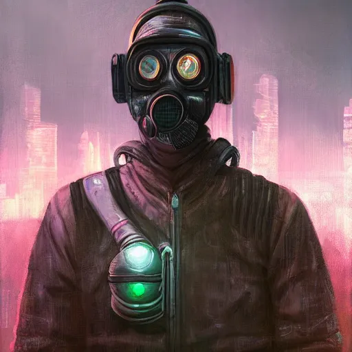 Image similar to Portrait of a Guy in a Gasmask, Cyberpunk city, street vendors, citizens, augmented cyborgs, robots, skyscapers, buildings, clouds, sunset, painted by seb mckinnon, high detail, digital art, trending on artstation