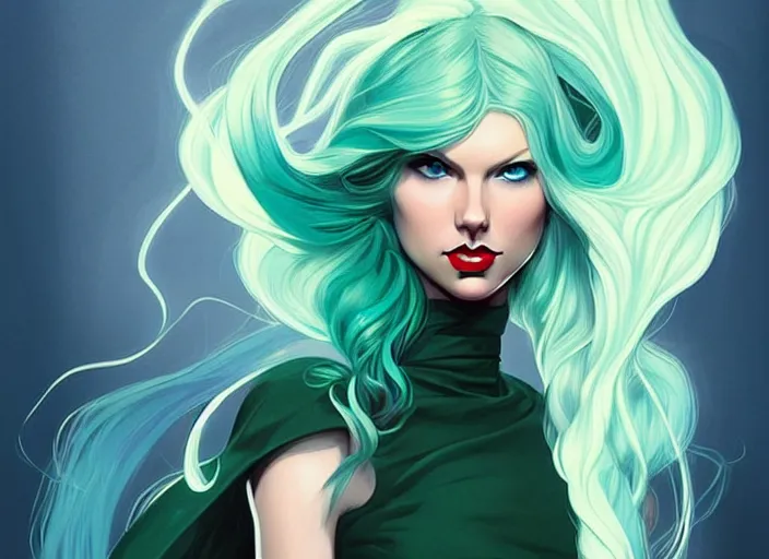 Image similar to style artgerm, joshua middleton, taylor swift with green dress, very long blue hair, symmetrical face, symmetrical eyes, steampunk western gunslinger, cinematic lighting