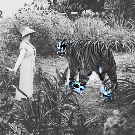 Image similar to woman from rising silent posing with a tiger in a garden, 1 9 2 0 s photography, trending on unsplash, black and white photography, intricately defined, complexly detailed, 4 k photorealism, golden ratio!!!!!, centered!!!!!