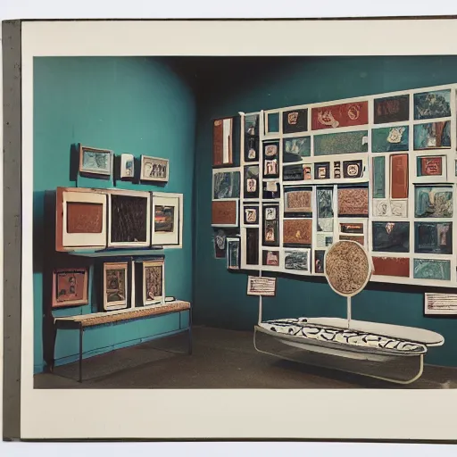 Prompt: A three color offset photography of objects on display, anthropology of wonder, exotic artifacts, bauhaus, colonial expedition, catalog exhibition, 60s style