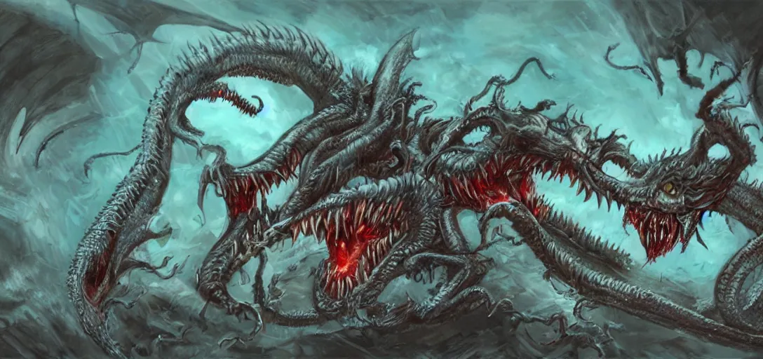 Image similar to concept art of dragon attack, lovecraftian, lots of teeth, melting horror, feathers, fighting the horrors of the unknown with laser guns