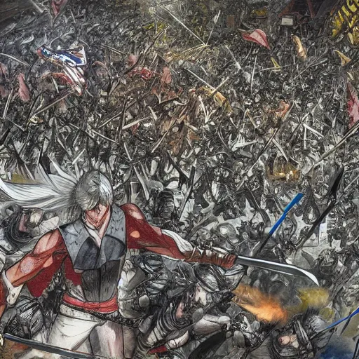 Image similar to one hero with sword looking at army of swordsmen in the background, in the middle of an arena, crowd of people, pencil art, straight, clear, added detail, high definiton, colored, aerial view, by yoji shinkawa