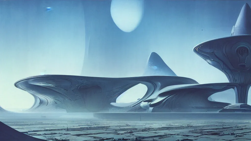 Prompt: digital render space science fiction digital matte painting bruce pennington, zaha hadid, john schoenher, flat colour,