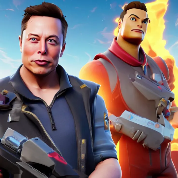 Image similar to a screenshot of elon musk in the video game fortnite, 3 d rendering, unreal engine, amazing likeness, very detailed, cartoon caricature