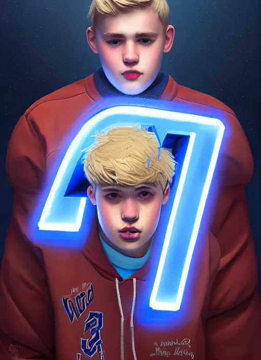 Image similar to portrait of high school senior boy named big moose, blonde short hair, jock, beefy, wide face, square jaw, square facial structure, blue varsity jacket with letter r, intricate, elegant, glowing lights, highly detailed, digital painting, artstation, concept art, sharp focus, illustration, art by wlop, mars ravelo and greg rutkowski