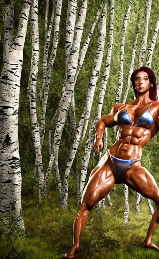 Image similar to photo of bodybuilder woman posing in birch forest in jeff koons hip hop bauhaus style, beautiful detailed face, ultra realistic, concept art, intricate details, serious, highly detailed, photorealistic, octane render, 8 k, unreal engine, art by todd mcfarlane