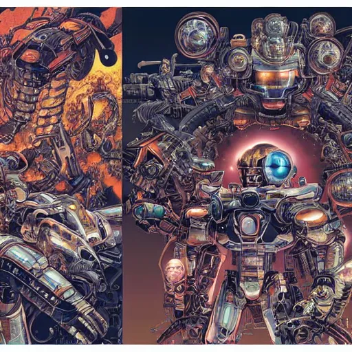 Image similar to portrait of super contra robots, symmetrical, by yoichi hatakenaka, masamune shirow, josan gonzales and dan mumford, ayami kojima, takato yamamoto, barclay shaw, karol bak, yukito kishiro, moebius