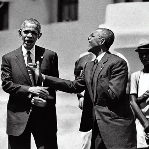 Image similar to Barack Obama having a rap battle against Ghandi, historical photo, 1962