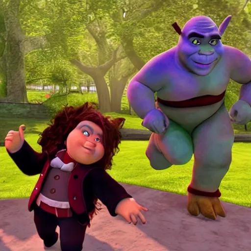 Prompt: a photo of shrek and shadow the hedgehog holding hands in a park
