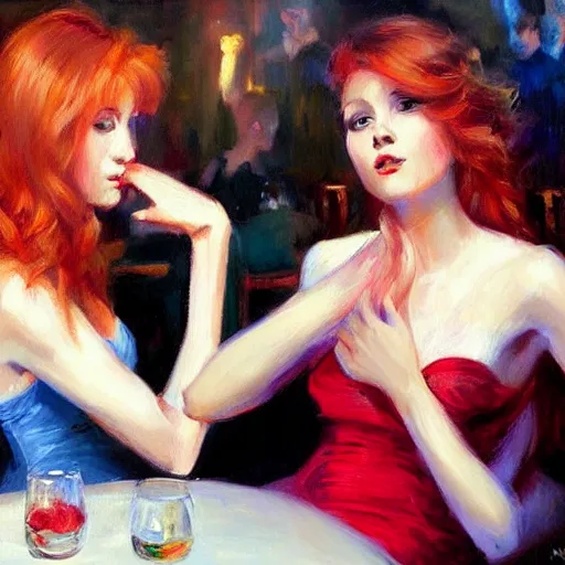 Image similar to young red heads at the night club, painting by Vladimir Volegov,