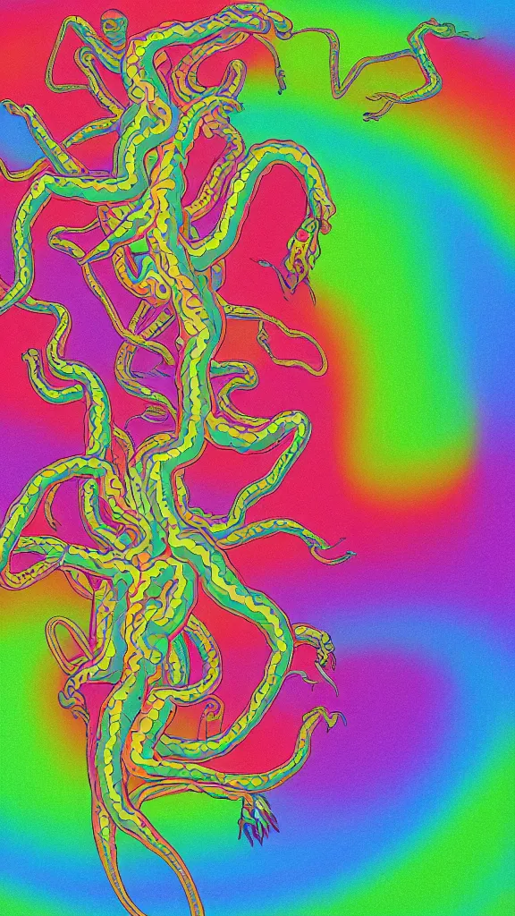 Image similar to a portrait of a lernaean hydra with human heads and psychedelic arms on an acid trip in a multicoloured rainbow in the cosmos, flat design, screen print by Kawase Hasui and alex grey, 8k unreal engine