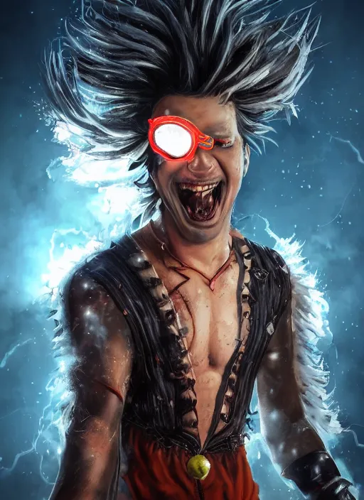 Image similar to An epic fantasy comic book style portrait painting of young man with red spiked long hair, using an orange lens googles. Wearing white shirt, a black waistcoat, brown pants and black boots. He is throwing a wild fire blast from his hands, with a vicious smile in face. Unreal 5, DAZ, hyperrealistic, octane render, cosplay, RPG portrait, dynamic lighting