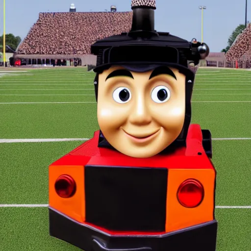 Image similar to purdue pete in the style of thomas the tank engine, on a football field, large, realistic