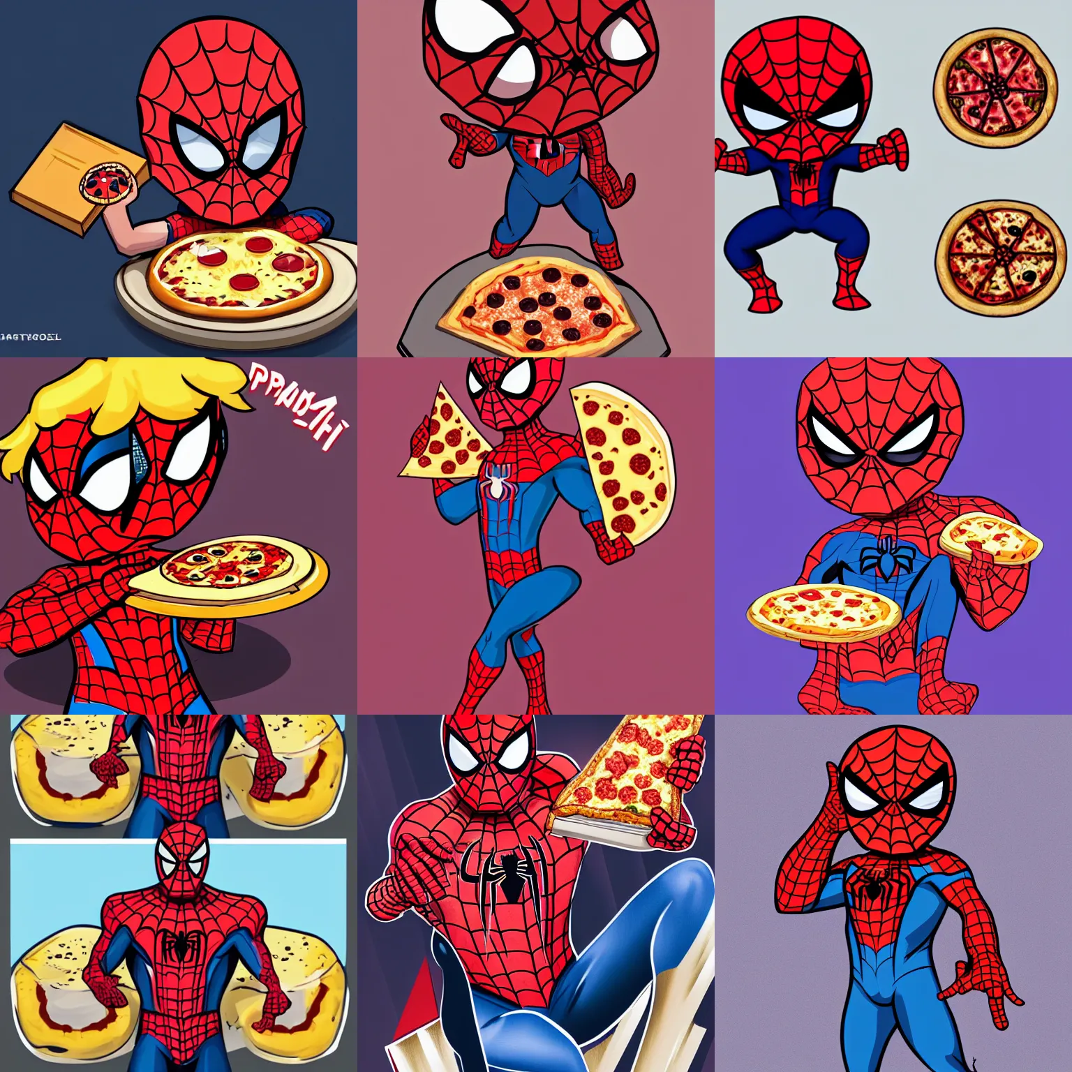 Prompt: digital illustration of cute chibi unmasked spiderman eating pizza, trending in artstation, highly detailed, award-winning, official marvel comics, cute, happy