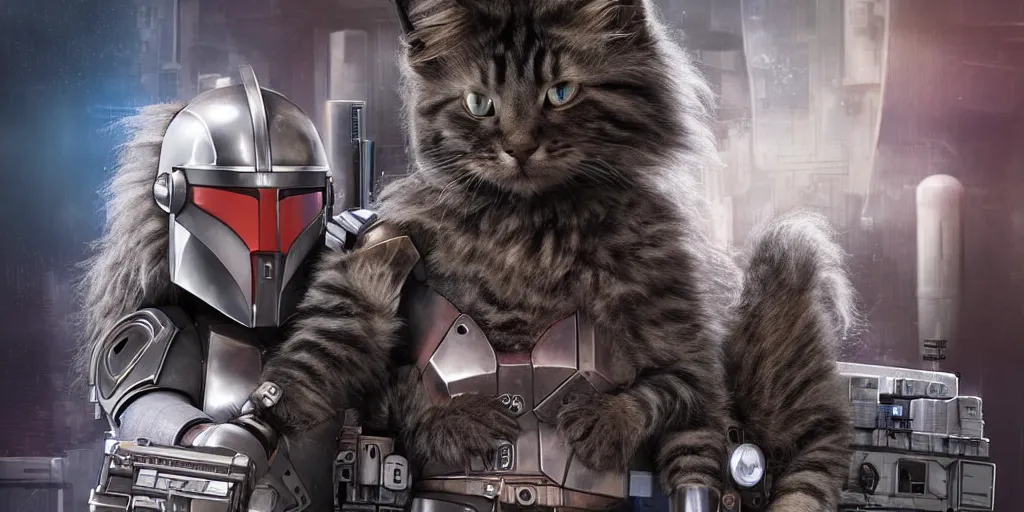 Prompt: a 3 d rendered movie still a cute robot has the head of an adorable cyberpunk maine coon kitten. in the background is a cyberpunk cat tree. digital art. science fiction blockbuster movie from the future, imax 7 0 mm. style of mandalorian ( american space western television series )