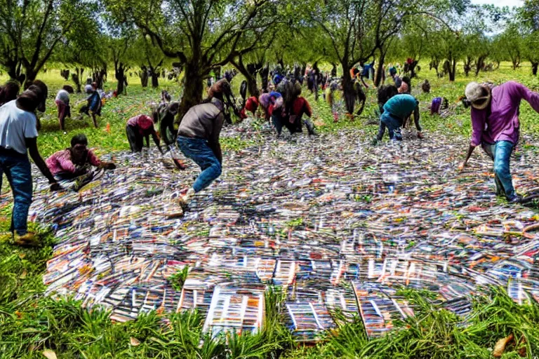 Prompt: sugondese people sorting a giant pile of compact discs within a tree nut field