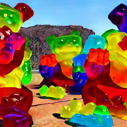 Image similar to promotional movie still life - size gummi bears, big, melting in the arizona sun in the largest frying pan in the world. 3 d, digital art, octane 3 d render, ue 5, cinematic, imax 7 0 mm, product lighting, dramatic lighting. concept art.