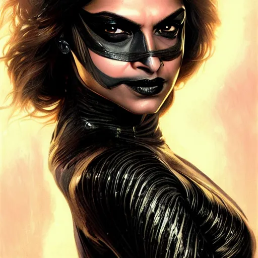 Image similar to beautiful young deepika padukone as catwoman, closeup, d & d, fantasy, intricate, elegant, highly detailed, digital painting, artstation, concept art, matte, sharp focus, illustration, art by artgerm and greg rutkowski and alphonse mucha