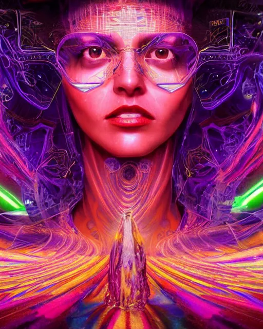 Image similar to a powerful energy psychedelic matrix priestess, by alexander fedosav, hyper detailed digital matte painting, concept art, hyperrealism, 1 6 k resolution, cinema 4 d, 8 k resolution, trending on artstation, behance hd, a masterpiece, by stephan martiniere, particles, cel - shaded, power bright neon energy, by david a. hardy,