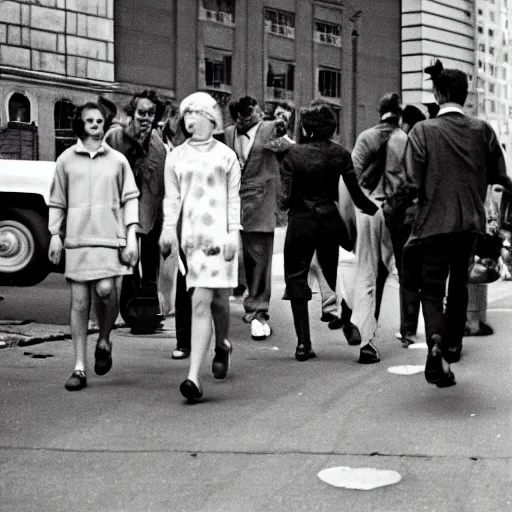 Image similar to street photography from 1961 Chicago, zombies walking politely down the sidewalk, in the style of Vivian Maier