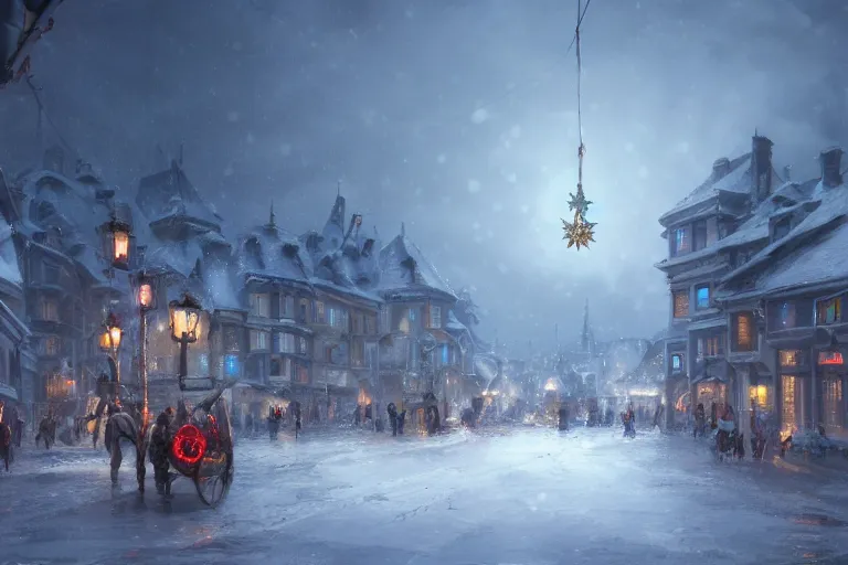 Image similar to a guillotine with christmas lights in the center of town, matte painting, concept art, digital art, trending on artstation, 4 k, extremely detailed, realistic, snowing, by greg rutkowski, cinematic, epic