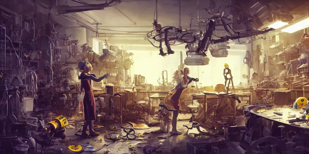 Prompt: an environmental concept art of a female scientist building a robot in a cluttered workshop, highly detailed, cinematic, dramatic lighting by francis tneh