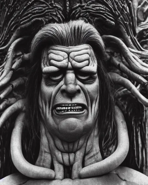 Image similar to award winning 5 5 mm close up face portrait photo of trump as songoku, in a park by hr giger. rule of thirds.