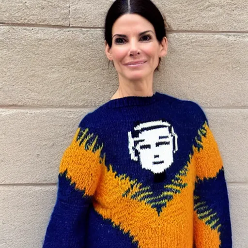 Prompt: a hand knit wool sweater with a sandra bullock face pattern