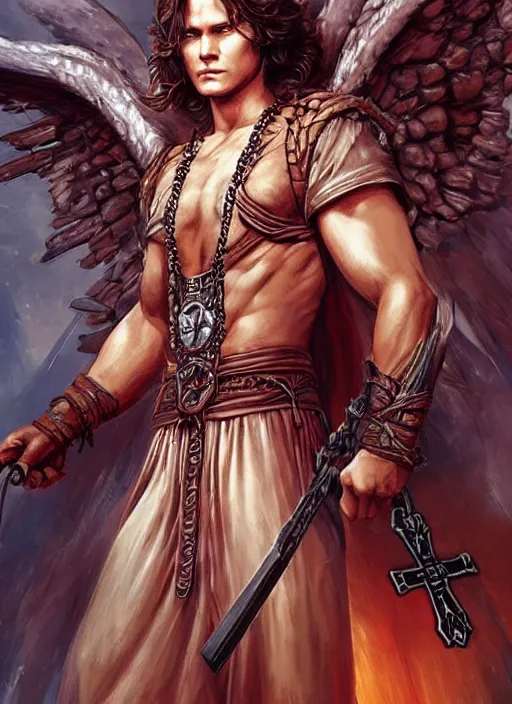 Image similar to Sam Winchester as a strong angel with a big cross pendant and religious tattoos on chest and neck, big Angel wings wide open, stained and bleeding, D&D!, fantasy style, sharp focus!, ultra detailed, art by Artgerm and Peter Andrew Jones, Ayami Kojima