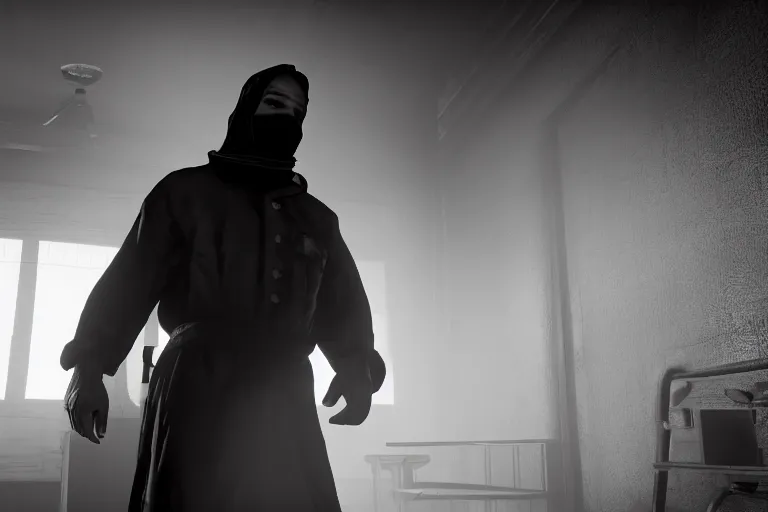 Prompt: a cinematic portrait of a prisoner dressed in a a black and white hazmat suit in a small prison cell, red dead redemption 2, dust storm, annie leibovitz and zack snyder, 8 k, hd, high resolution, 8 5 mm, f / 1. 8