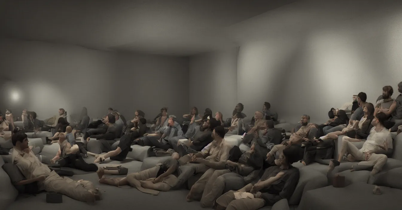 Image similar to human beings sit in the cinema and watch reflections of their lives on screen of life illusion, projecting by volumetric light of consciousness, realistic, deep sense of spirituality, contrast shading, render in unreal engine 5, vray visualization, style of gustave courbet