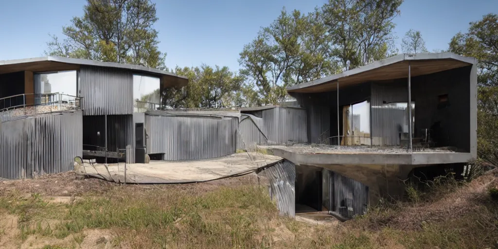 Prompt: modern residence made of corrugated steel pipes