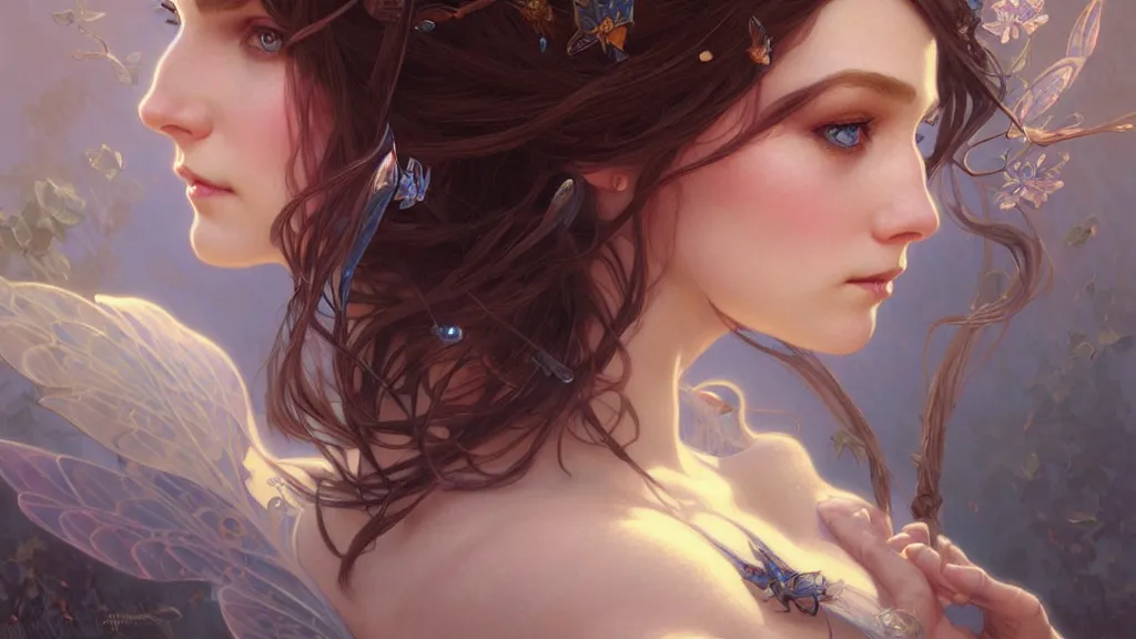 Image similar to Portrait of fairy woman, D&D, blue eyes, face, fantasy, intricate, elegant, highly detailed, digital painting, artstation, concept art, smooth, sharp focus, illustration, art by artgerm and greg rutkowski and alphonse mucha