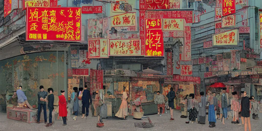 Prompt: a shop in hong kong, in the style of junji ito, parts by edward hopper, parts by rodcenko, parts by yue minjun, parts by peter doig, intricate and epic composition, qing dynasty, 4 k, very detailed, insanely quality, line brush, highly detailed, masterpiece, overlaid with chinese adverts
