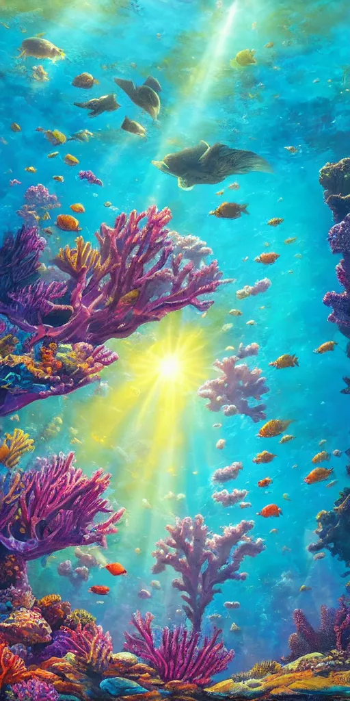 Image similar to underwater coral reef landscape magical realism painting with sun rays coming from above, neon pastel colors